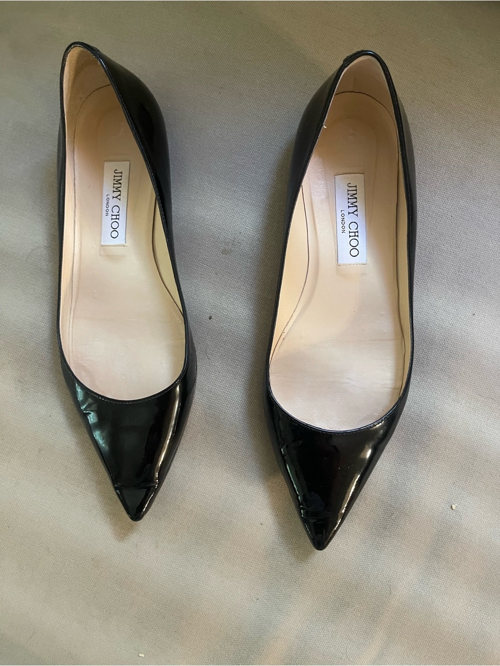 Jimmy Choo Black Patent Pointed Toe Flats - Classic Low Heel and Leather Sole